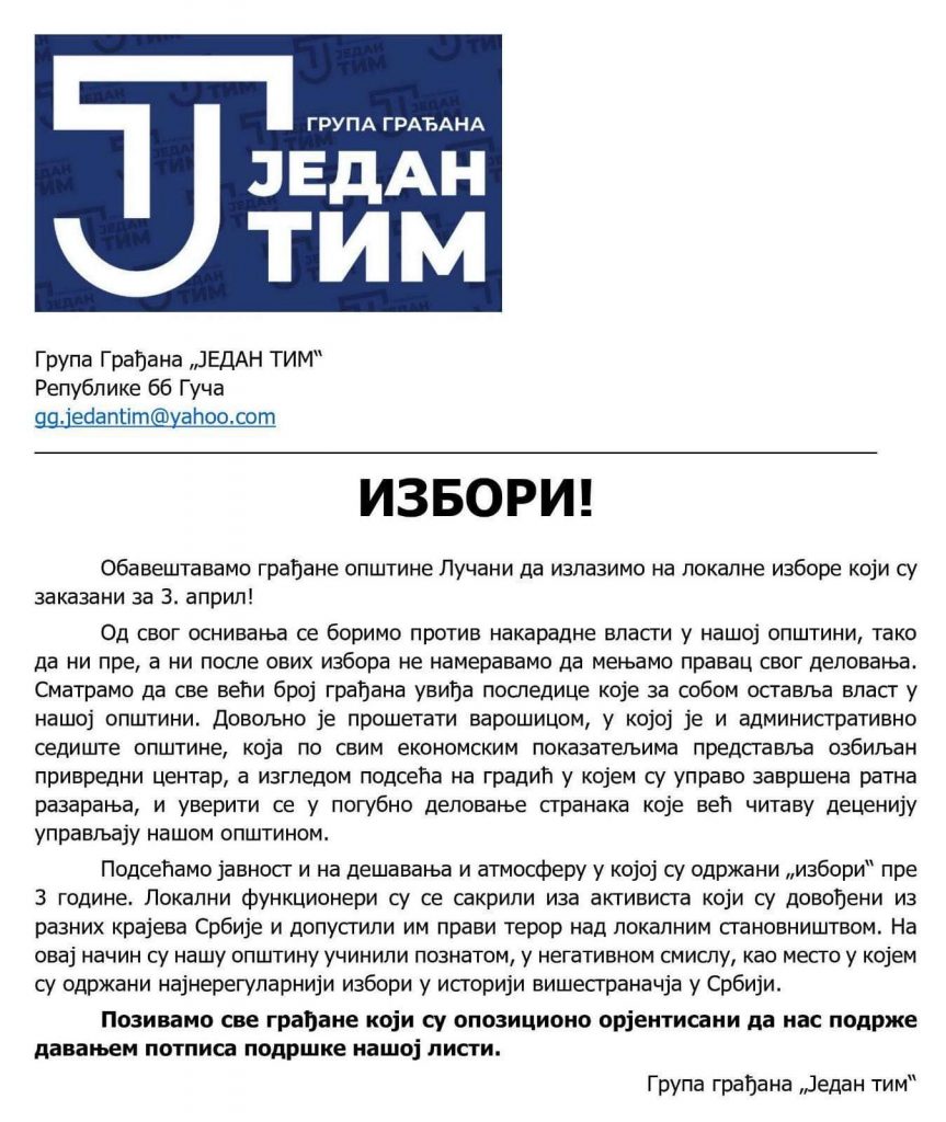 Jedan-tim-863x1024 GG "Jedan tim" izlaze na lokalne izbore u Lučanima