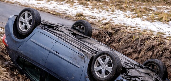 IL-Auto-u-kanalu-foto-ilustracija Automobil izleteo iz krivine i prevrnuo se na krov